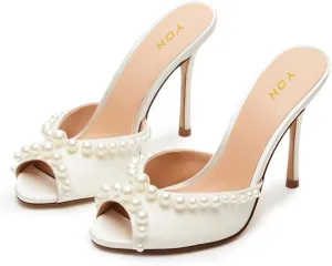 YDN Women's Peep Toe Pearl Studded Mules Stiletto High Heels Sexy Slip On Sandals Dress Party Wedding Formal Slide Shoes Size 4-16 US
