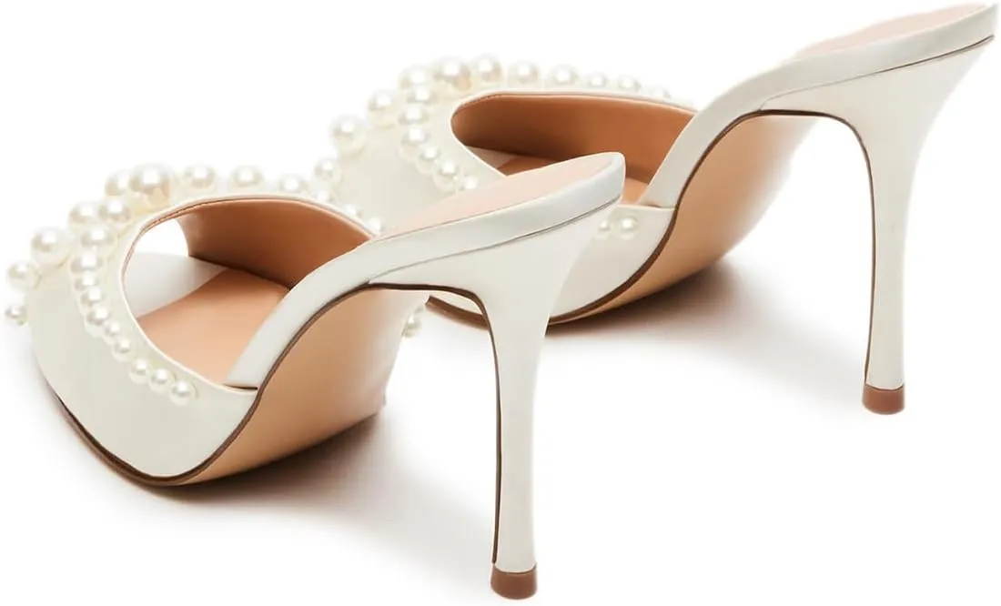 YDN Women's Peep Toe Pearl Studded Mules Stiletto High Heels Sexy Slip On Sandals Dress Party Wedding Formal Slide Shoes Size 4-16 US