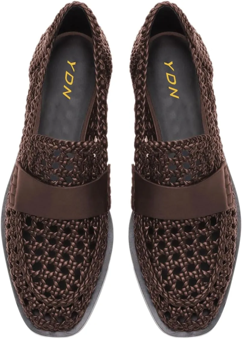YDN Women's Woven Slip On Loafer Flats Retro Closed Round Toe Low Chunky Heels Pumps Office Party Formal Shoes Size 4-16 US
