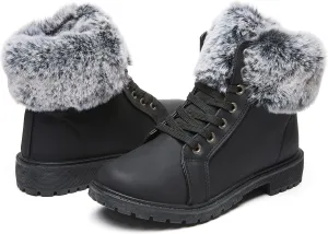 yegeyan womens snow boots PU winter ankle booties fur lined anti-slip combat boots
