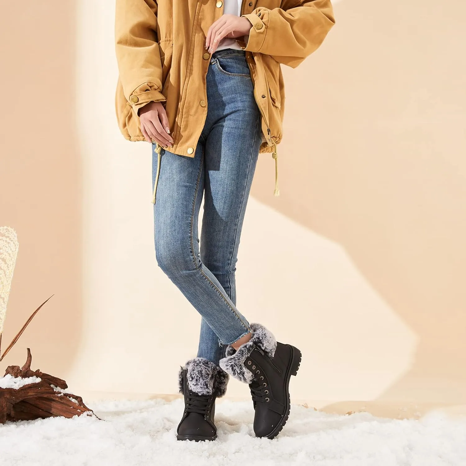 yegeyan womens snow boots PU winter ankle booties fur lined anti-slip combat boots