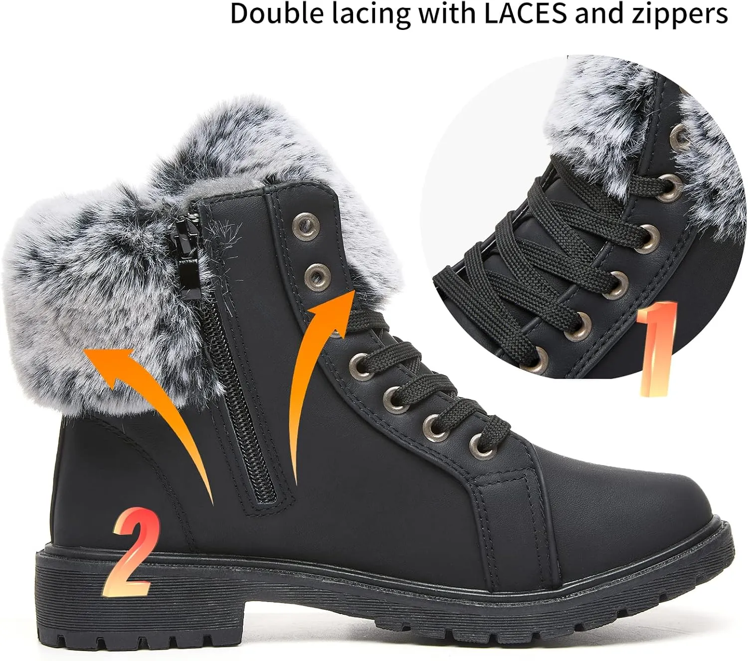 yegeyan womens snow boots PU winter ankle booties fur lined anti-slip combat boots