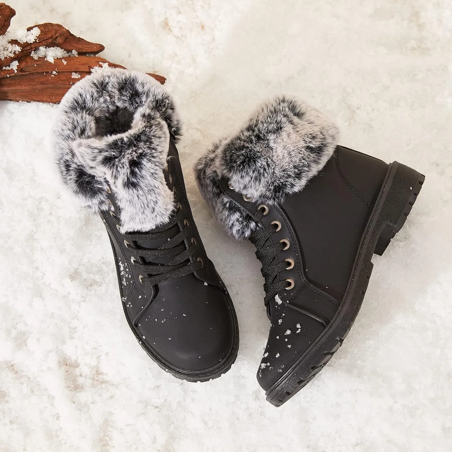 yegeyan womens snow boots PU winter ankle booties fur lined anti-slip combat boots