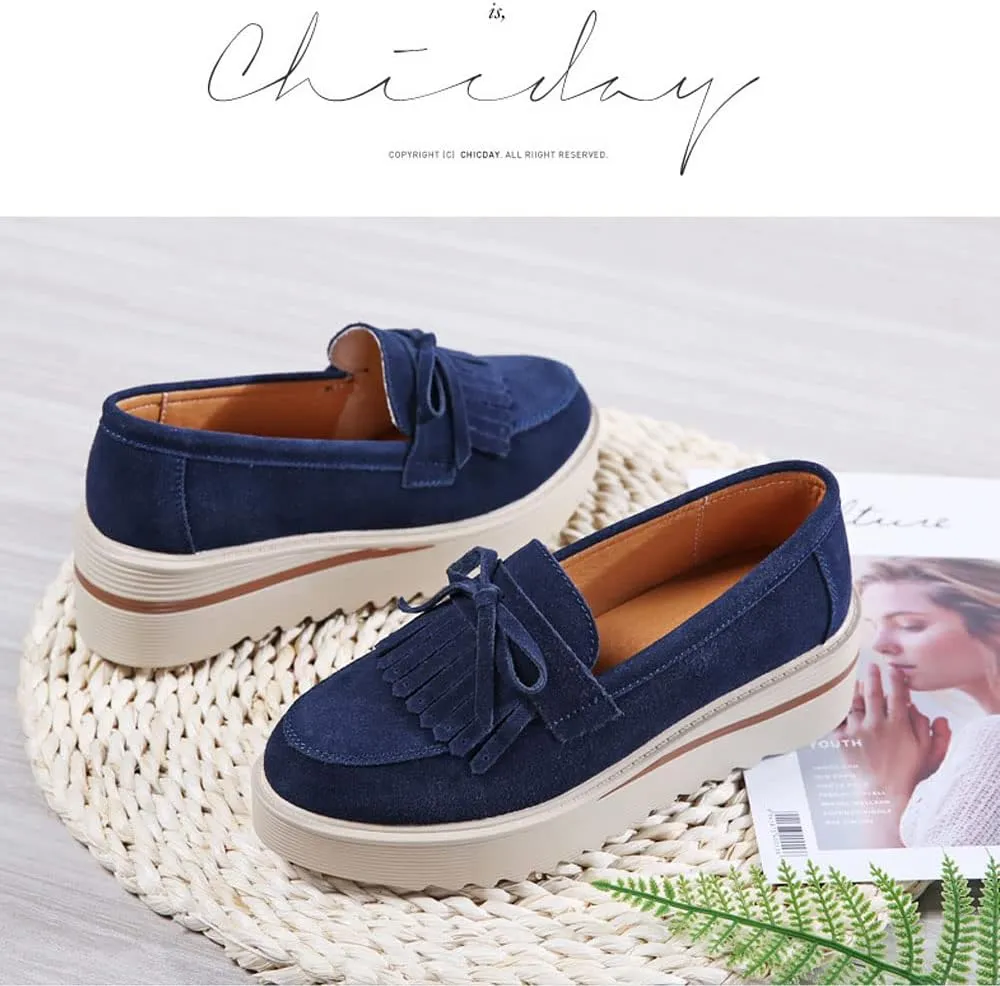 YING LAN Women Platform Slip On Loafers Comfort Suede Moccasins Wide Low Top Wedge Casual Shoes