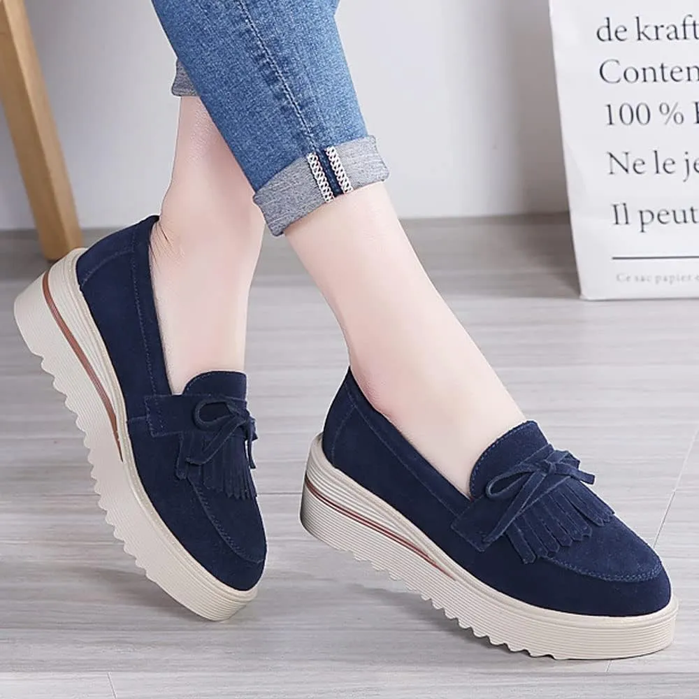 YING LAN Women Platform Slip On Loafers Comfort Suede Moccasins Wide Low Top Wedge Casual Shoes
