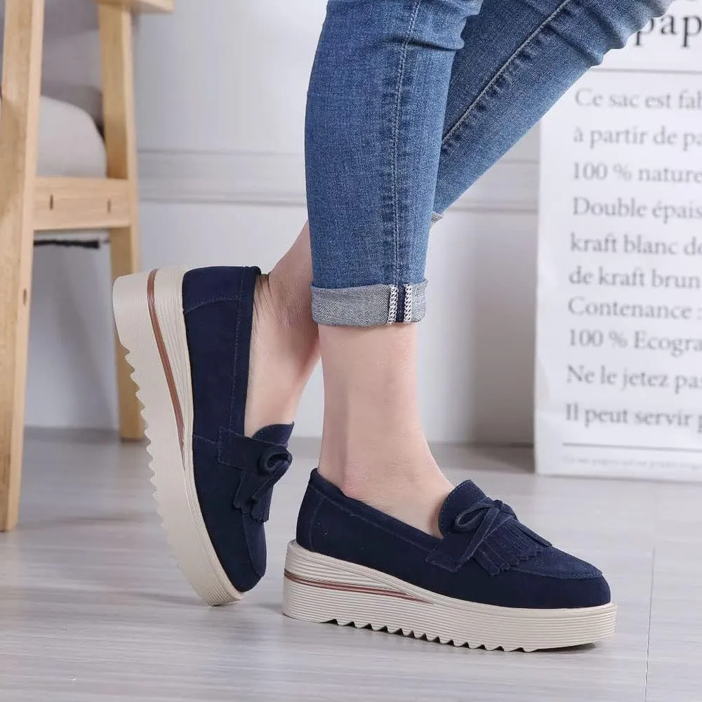 YING LAN Women Platform Slip On Loafers Comfort Suede Moccasins Wide Low Top Wedge Casual Shoes