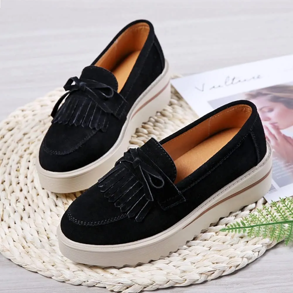 YING LAN Women Platform Slip On Loafers Comfort Suede Moccasins Wide Low Top Wedge Casual Shoes