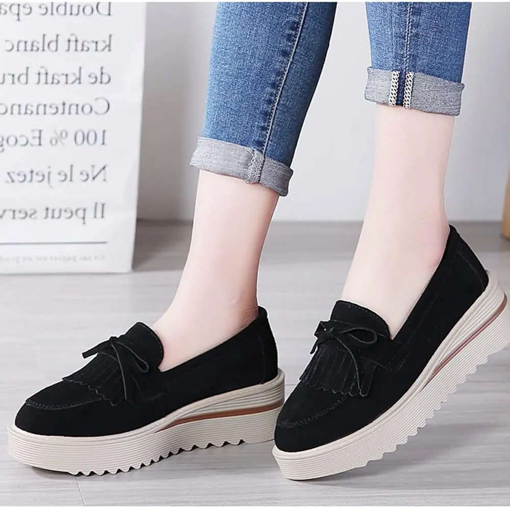 YING LAN Women Platform Slip On Loafers Comfort Suede Moccasins Wide Low Top Wedge Casual Shoes