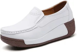 YING LAN Women Slip On Loafers Comfort Leather Wide Low Top Casual Platform Shoes