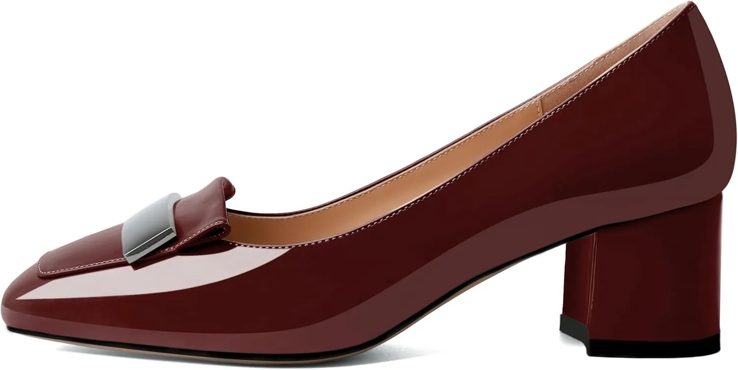 YODEKS Womens Low Block Chunky Heel Slip On Toe Pumps Loafers 2 Inch Square Toe with Metal Bar Comfort Daily Dress Shoes