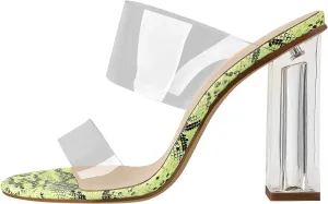 Yolkomo Women's Clear Chunky Heels for Women Wide Open Toe Slip On High Heel Sandals Block Heel Mule Sandals Snakeskin Print Size 11