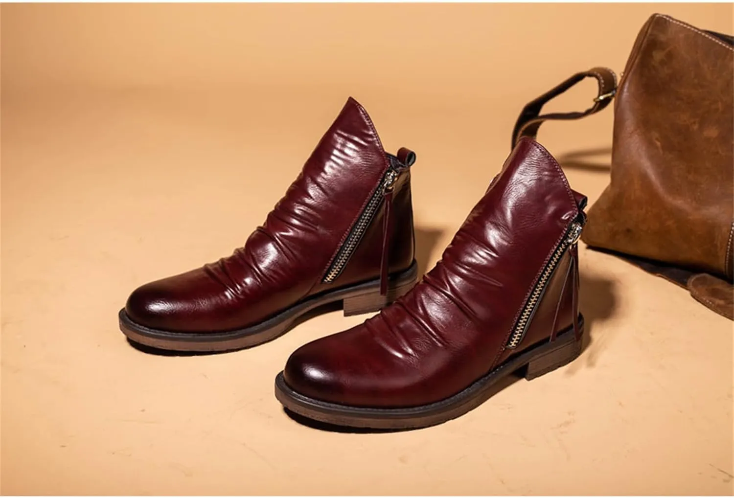Yuizko OXNGEOS Men'S Retro Leather Chelsea Ankle Boots Classic Fashion Side Zipper Low-Heels Slip On Business Dress Oxford Boot Casual High Top Chukka Boots