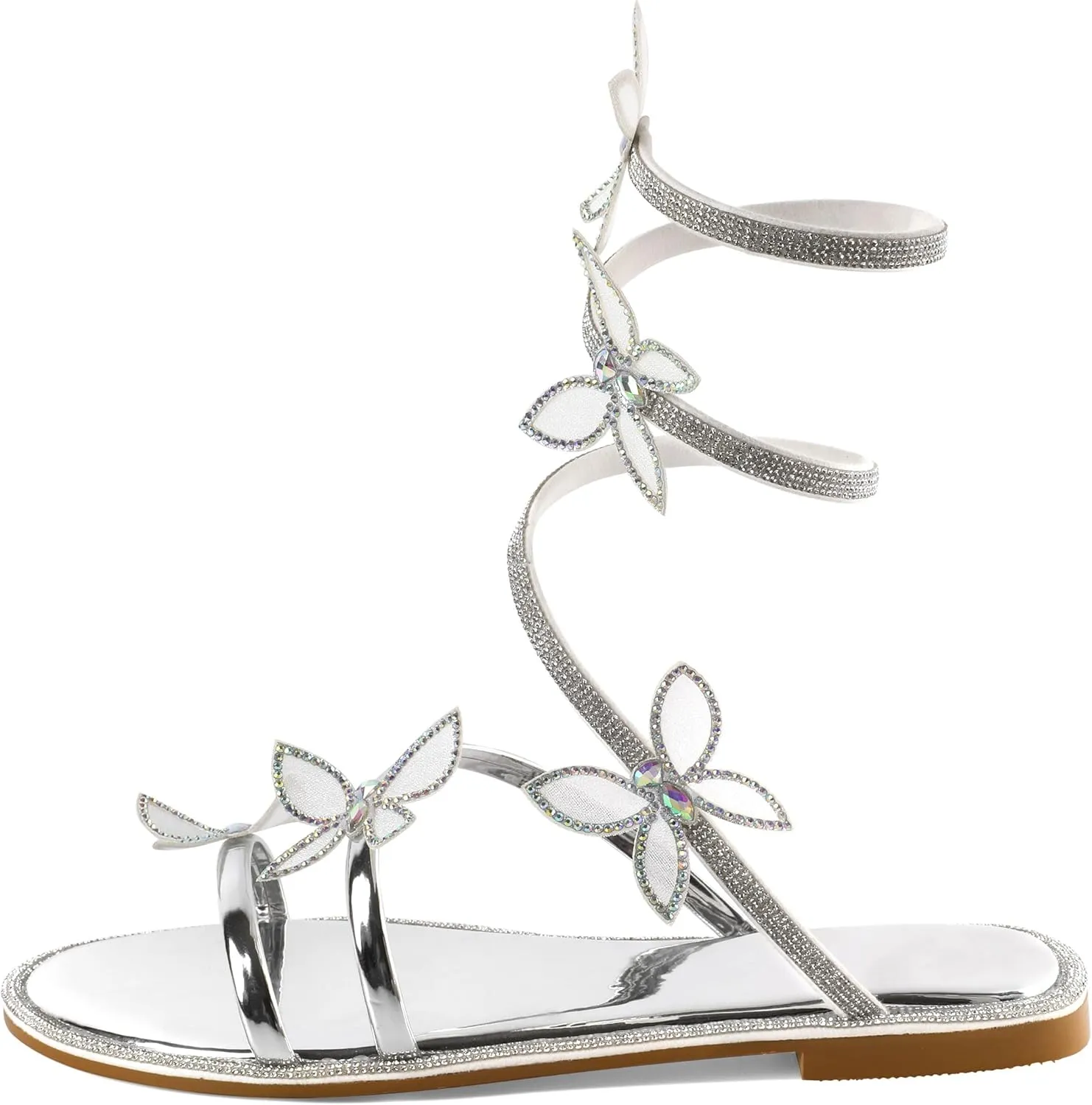 Zamikoo Flat Sandals for Women Rhinestone Wrap Around Open Toe Slip On Cute Flat Sandals for Summer Sparkly Slides Sandals