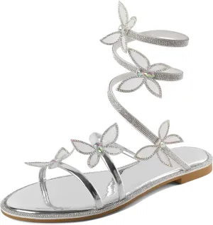 Zamikoo Flat Sandals for Women Rhinestone Wrap Around Open Toe Slip On Cute Flat Sandals for Summer Sparkly Slides Sandals