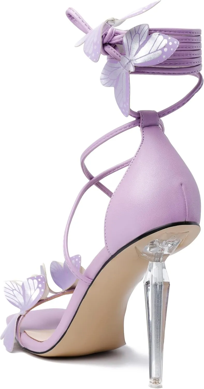 Zamikoo High Heeled Sandals for Women, Ankle Strap Open Toe High Heel Butterfly Heels, Strappy Lace Up Square Toe Stiletto Clear Heels 4 Inches