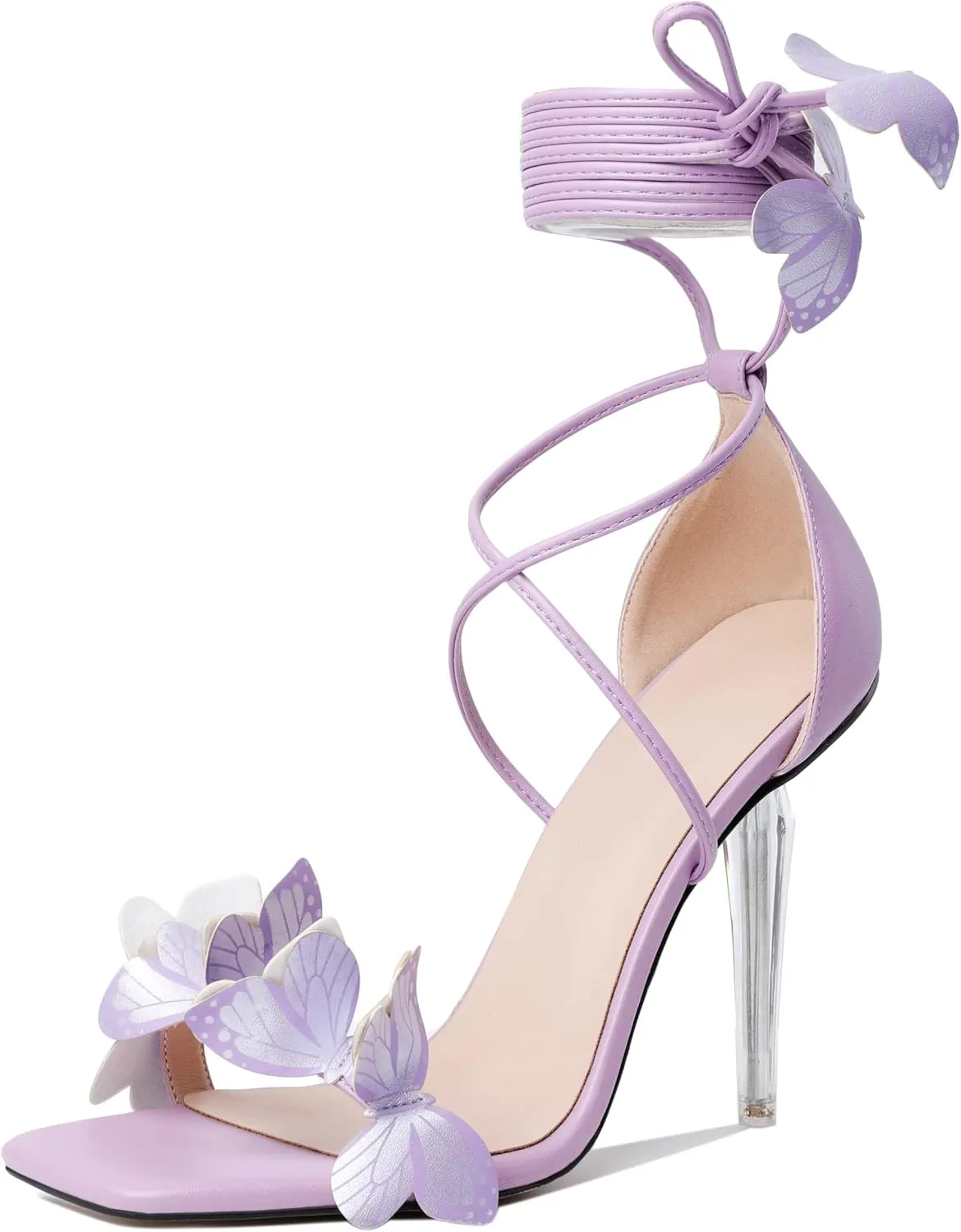 Zamikoo High Heeled Sandals for Women, Ankle Strap Open Toe High Heel Butterfly Heels, Strappy Lace Up Square Toe Stiletto Clear Heels 4 Inches