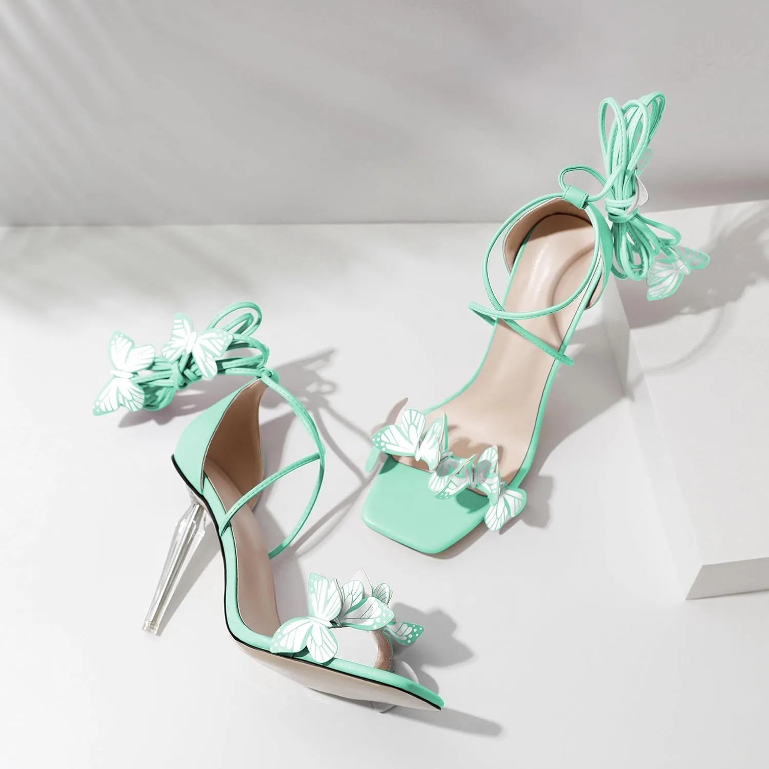 Zamikoo High Heeled Sandals for Women, Ankle Strap Open Toe High Heel Butterfly Heels, Strappy Lace Up Square Toe Stiletto Clear Heels 4 Inches