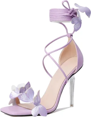 Zamikoo High Heeled Sandals for Women, Ankle Strap Open Toe High Heel Butterfly Heels, Strappy Lace Up Square Toe Stiletto Clear Heels 4 Inches