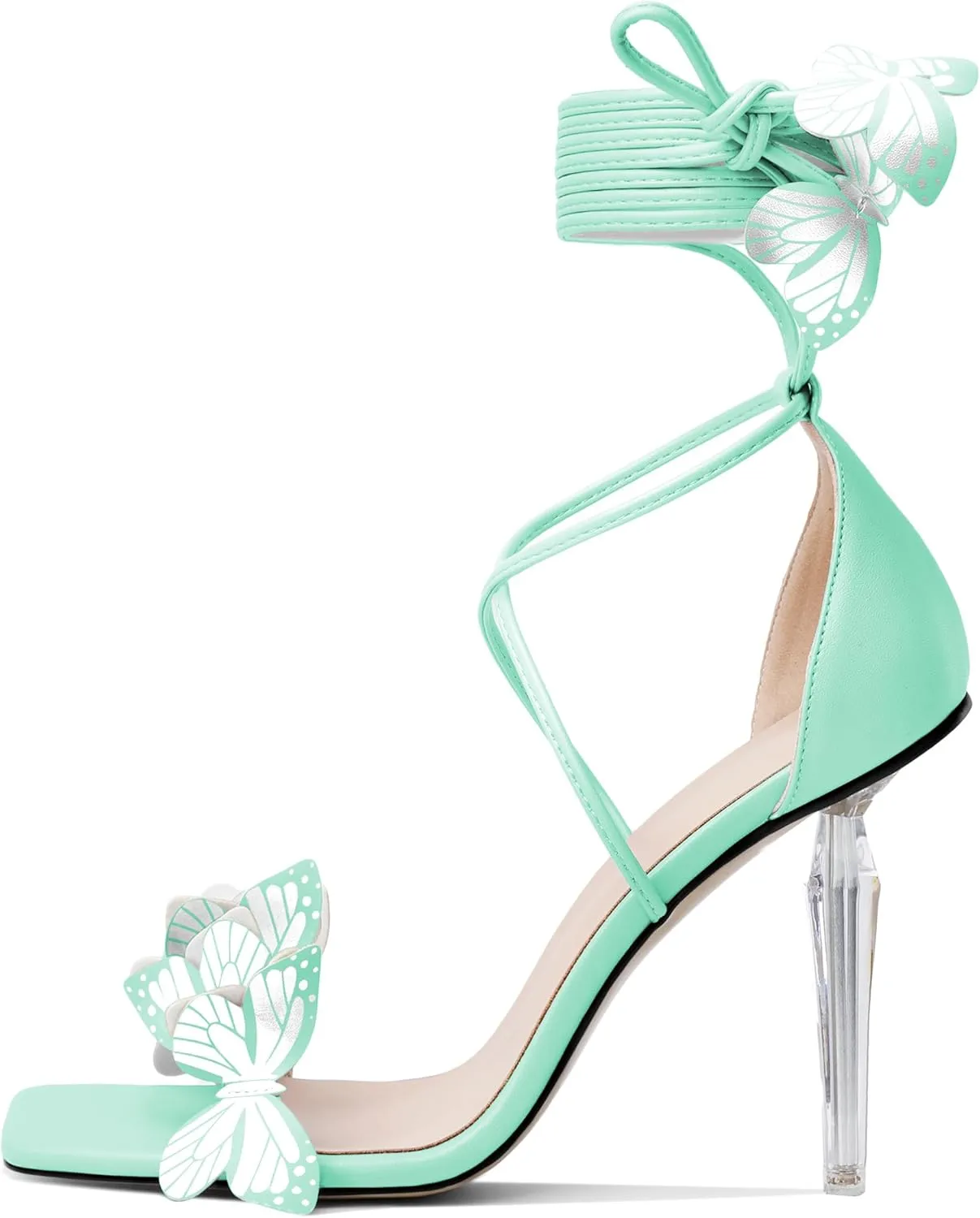 Zamikoo High Heeled Sandals for Women, Ankle Strap Open Toe High Heel Butterfly Heels, Strappy Lace Up Square Toe Stiletto Clear Heels 4 Inches