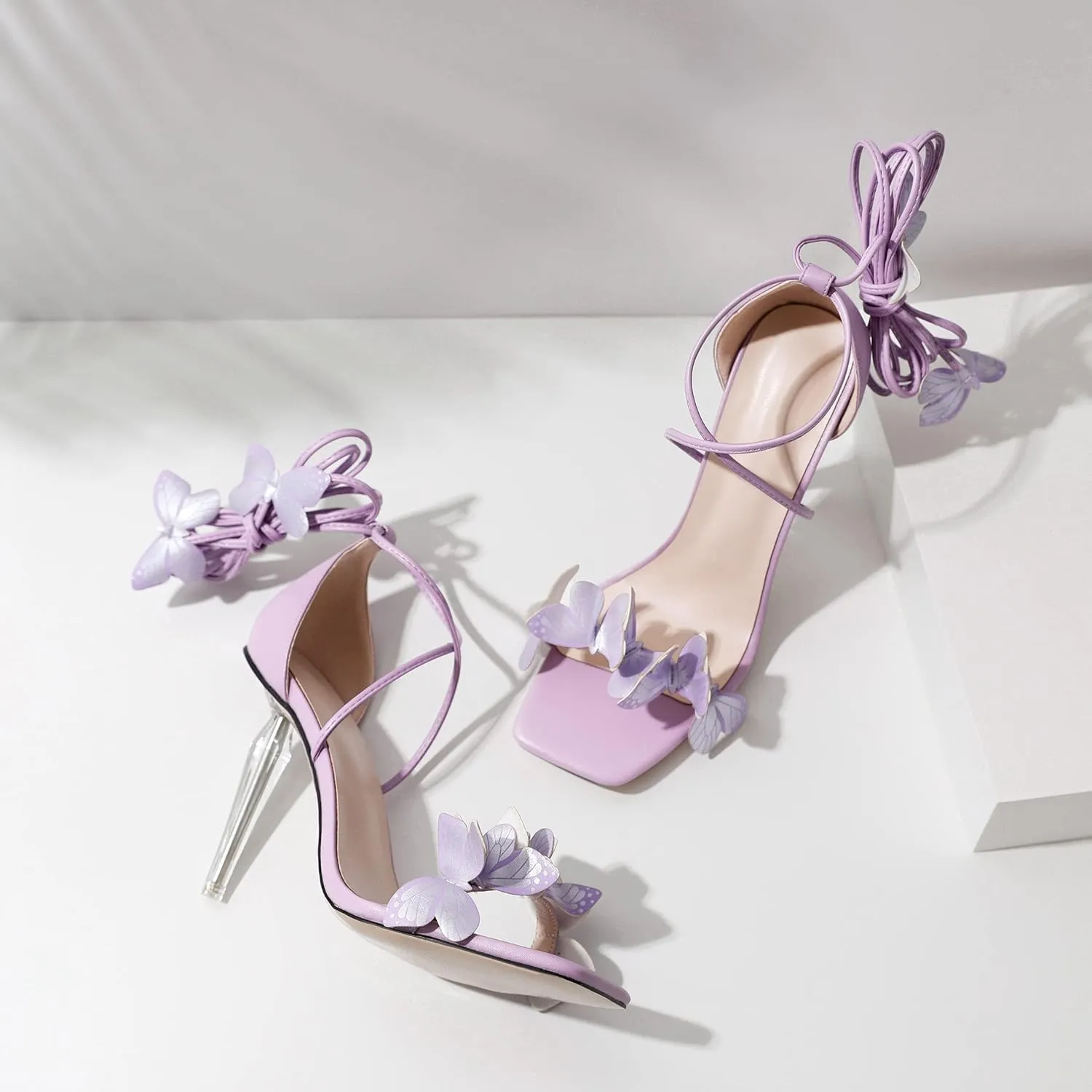 Zamikoo High Heeled Sandals for Women, Ankle Strap Open Toe High Heel Butterfly Heels, Strappy Lace Up Square Toe Stiletto Clear Heels 4 Inches
