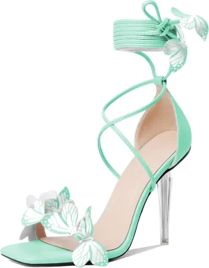 Zamikoo High Heeled Sandals for Women, Ankle Strap Open Toe High Heel Butterfly Heels, Strappy Lace Up Square Toe Stiletto Clear Heels 4 Inches