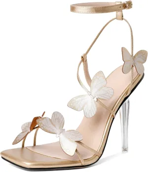 Zamikoo Open Toe Ankle Strap High Heels for Women, Square Toe Butterfly Heeled Sandals, Strappy Clear Stiletto Butterfly Heels 4 Incheses