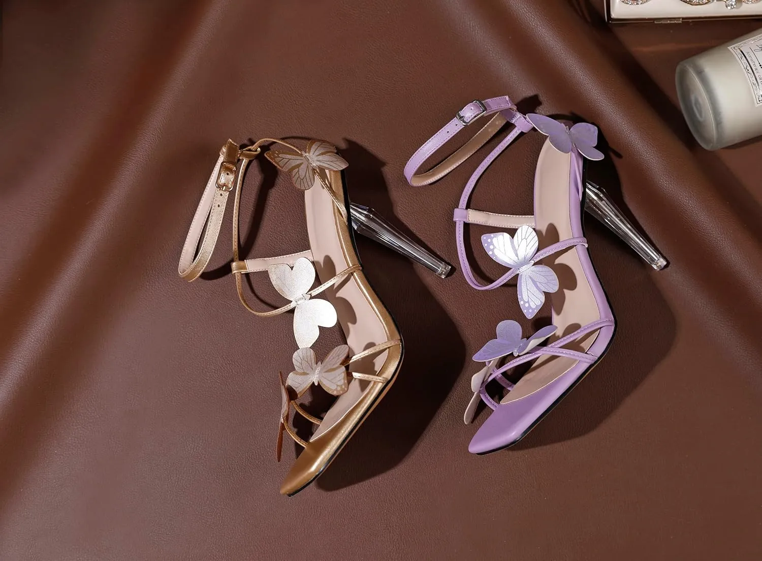 Zamikoo Open Toe Ankle Strap High Heels for Women, Square Toe Butterfly Heeled Sandals, Strappy Clear Stiletto Butterfly Heels 4 Incheses
