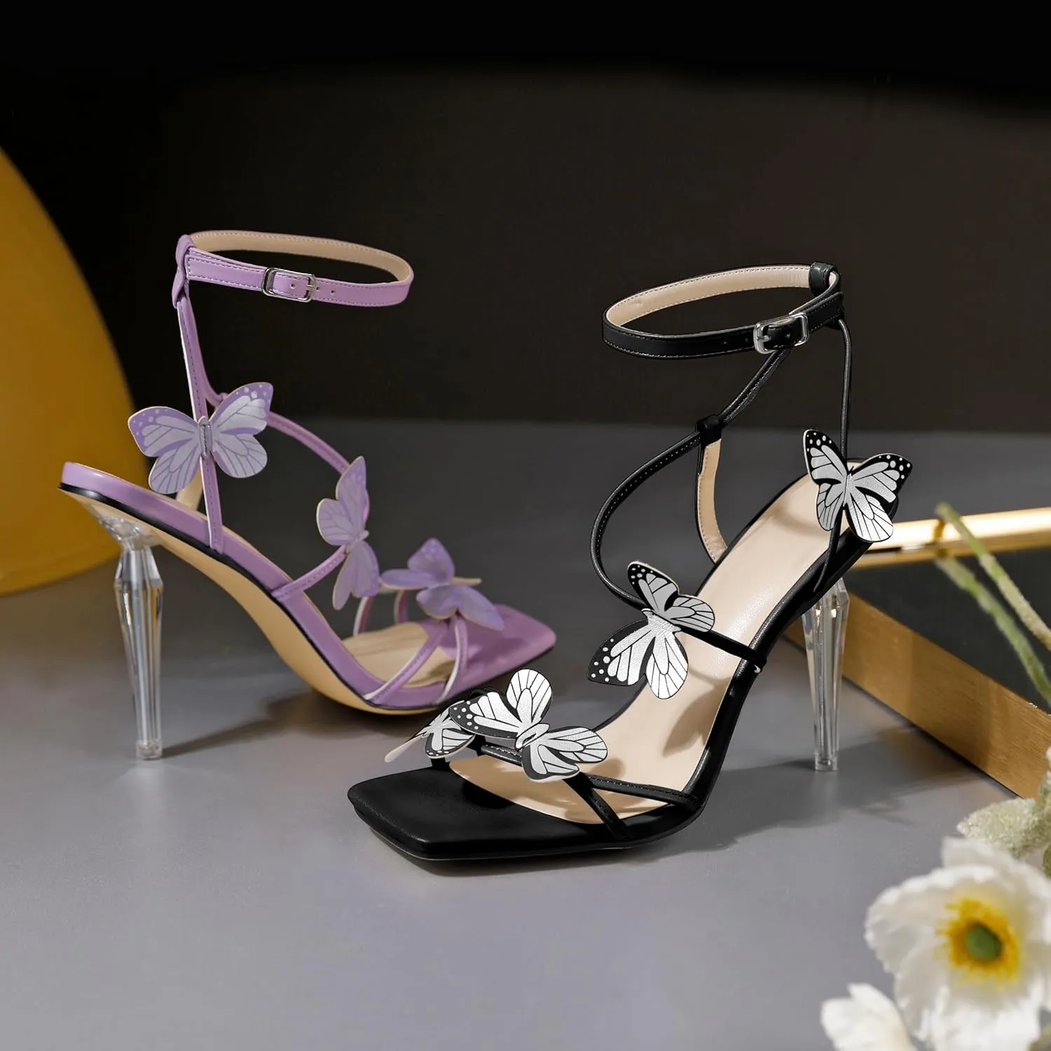 Zamikoo Open Toe Ankle Strap High Heels for Women, Square Toe Butterfly Heeled Sandals, Strappy Clear Stiletto Butterfly Heels 4 Incheses