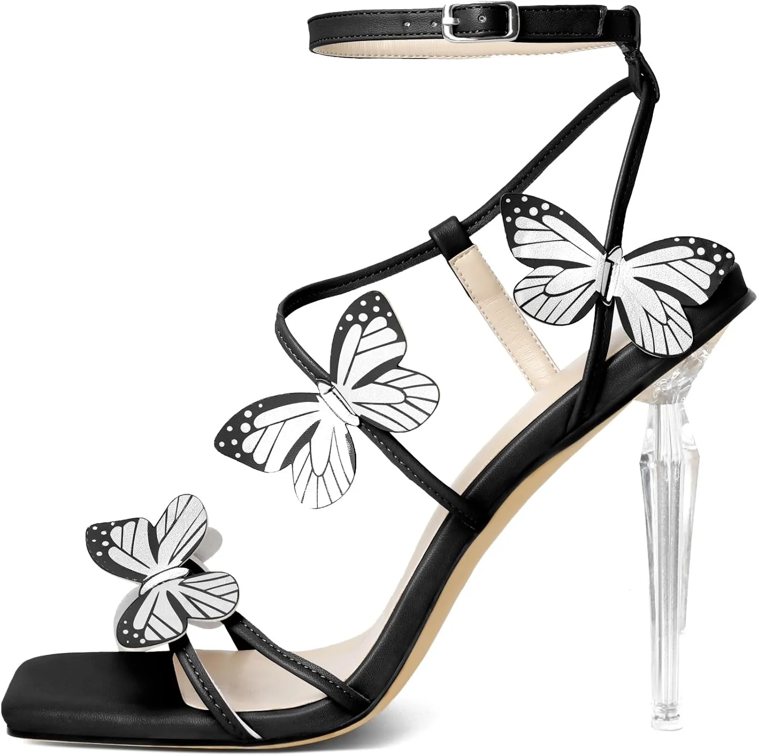 Zamikoo Open Toe Ankle Strap High Heels for Women, Square Toe Butterfly Heeled Sandals, Strappy Clear Stiletto Butterfly Heels 4 Incheses