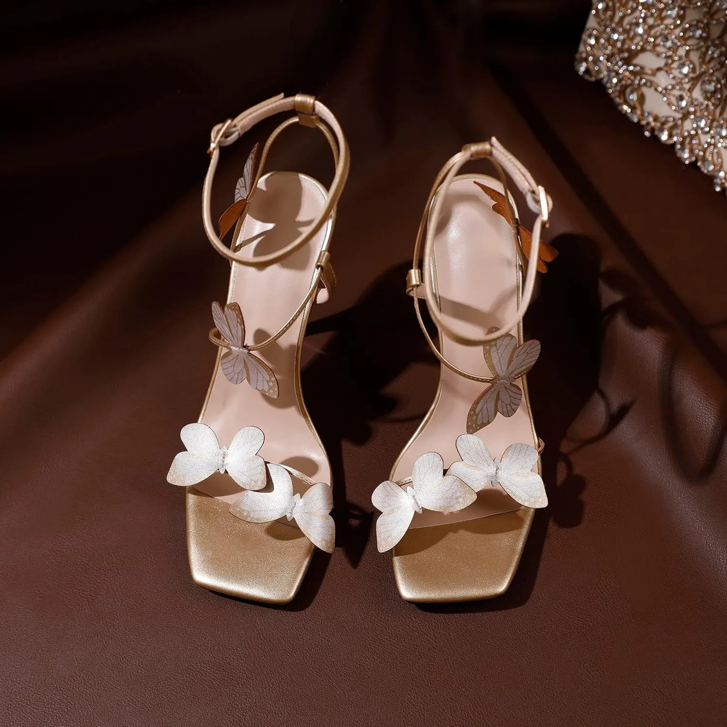 Zamikoo Open Toe Ankle Strap High Heels for Women, Square Toe Butterfly Heeled Sandals, Strappy Clear Stiletto Butterfly Heels 4 Incheses