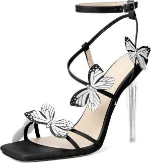 Zamikoo Open Toe Ankle Strap High Heels for Women, Square Toe Butterfly Heeled Sandals, Strappy Clear Stiletto Butterfly Heels 4 Incheses