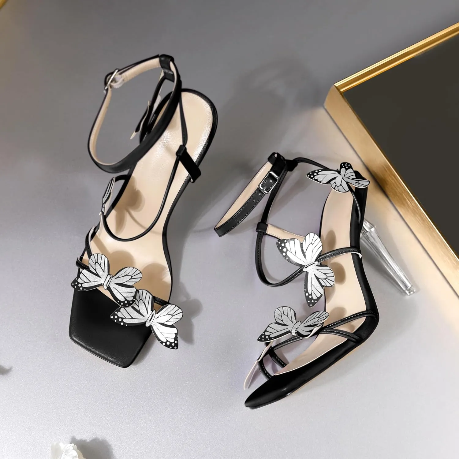 Zamikoo Open Toe Ankle Strap High Heels for Women, Square Toe Butterfly Heeled Sandals, Strappy Clear Stiletto Butterfly Heels 4 Incheses