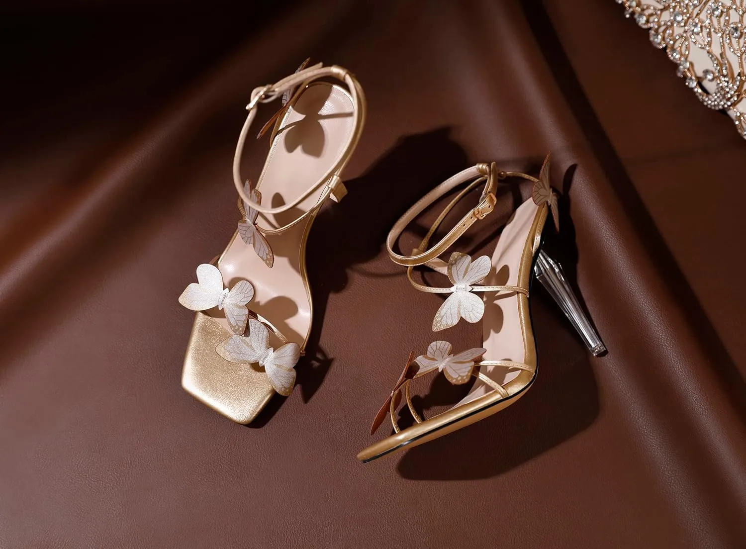 Zamikoo Open Toe Ankle Strap High Heels for Women, Square Toe Butterfly Heeled Sandals, Strappy Clear Stiletto Butterfly Heels 4 Incheses