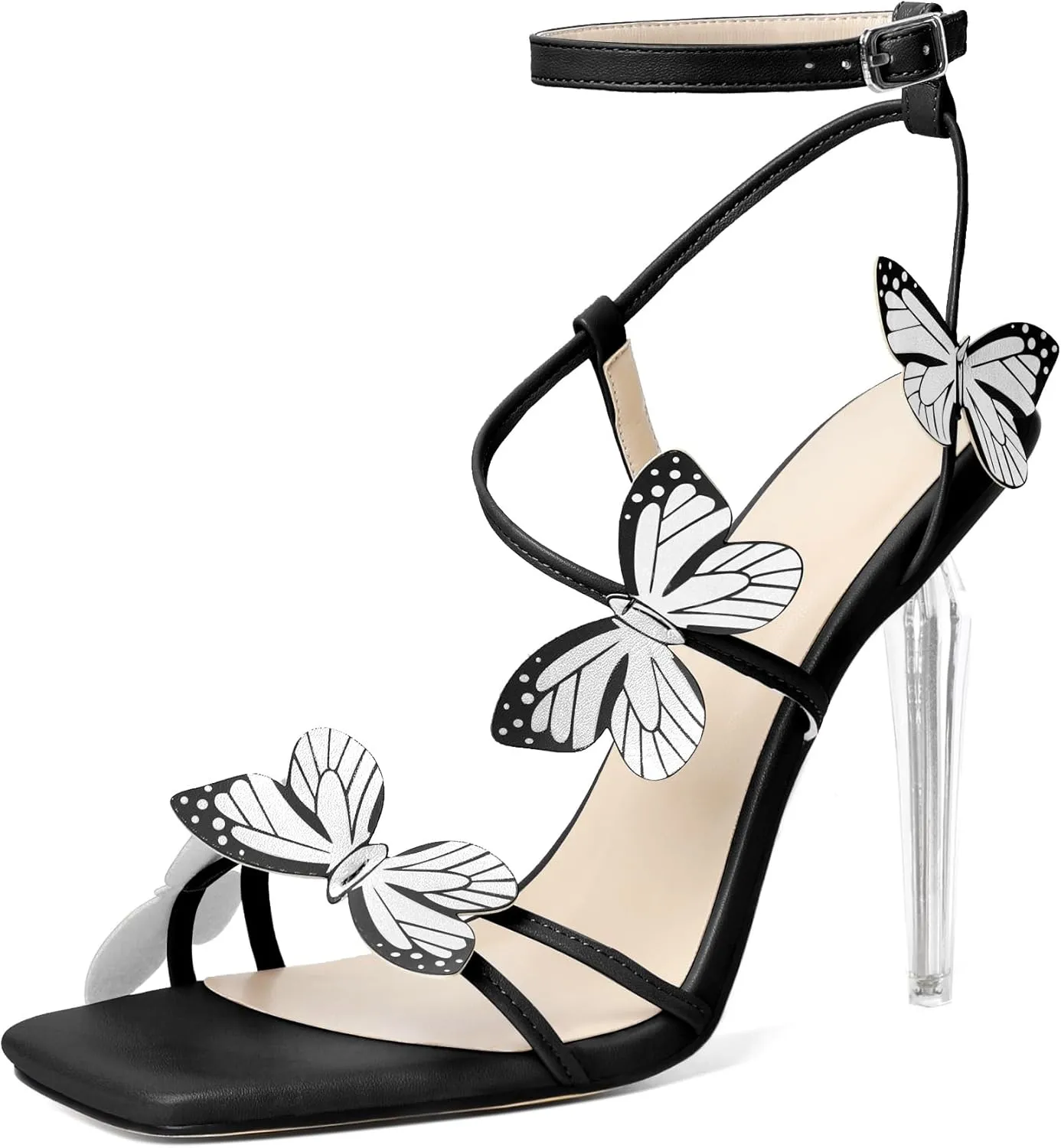 Zamikoo Open Toe Ankle Strap High Heels for Women, Square Toe Butterfly Heeled Sandals, Strappy Clear Stiletto Butterfly Heels 4 Incheses