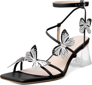 Zamikoo Women's Heeled Sandals Square Open Toe Ankle Strap Block Heels Strappy Clear Heels Chunky Low Heels