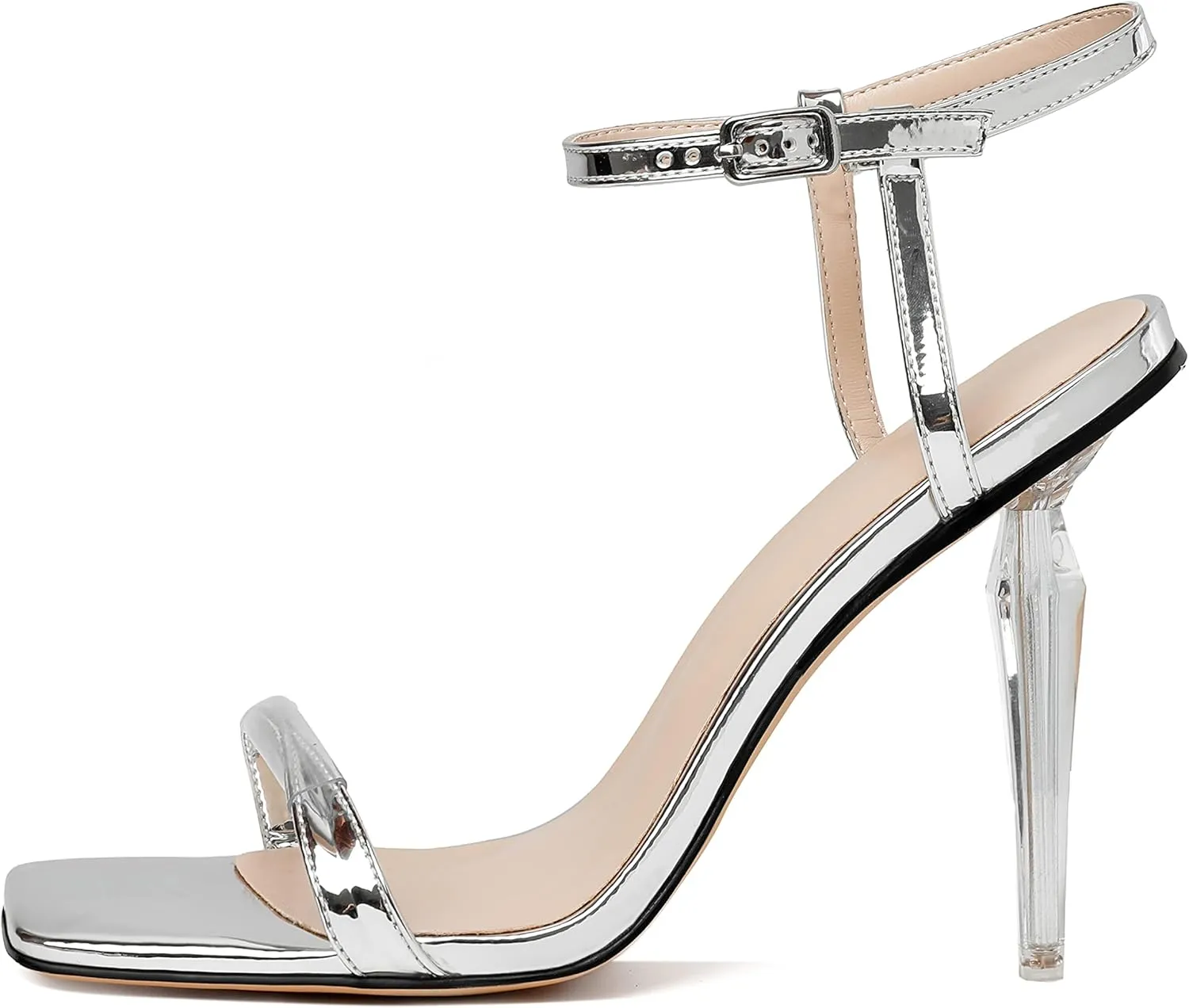 Zamikoo Women's High Heel Sandals, Ankle Strap Open Toe Heels, Square Toe Clear Stiletto Heeled Sandals 4 Inch