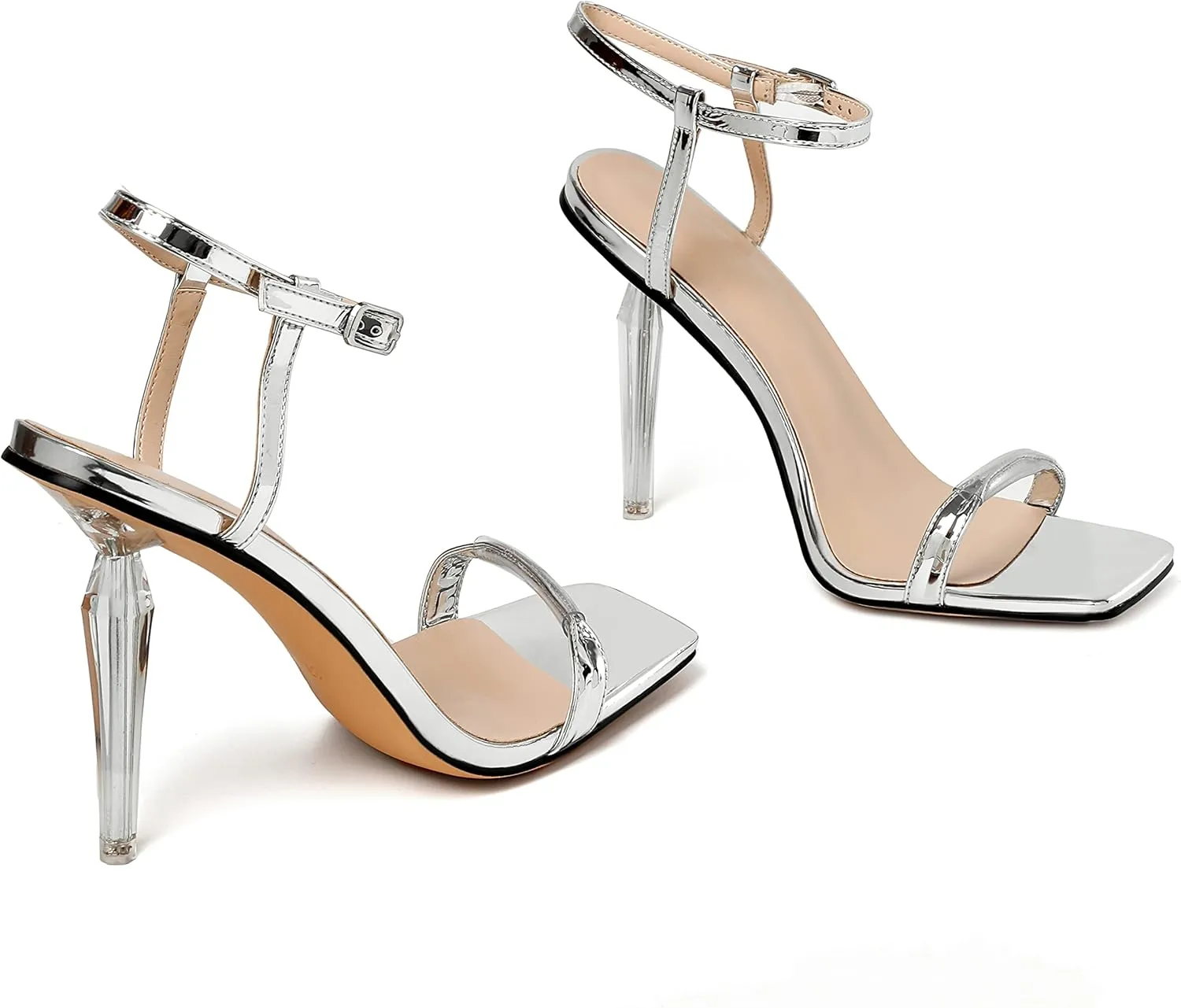 Zamikoo Women's High Heel Sandals, Ankle Strap Open Toe Heels, Square Toe Clear Stiletto Heeled Sandals 4 Inch