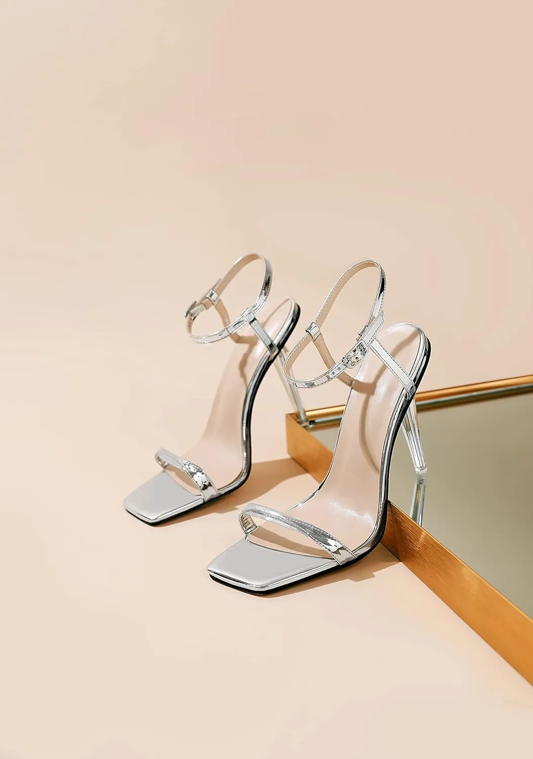Zamikoo Women's High Heel Sandals, Ankle Strap Open Toe Heels, Square Toe Clear Stiletto Heeled Sandals 4 Inch