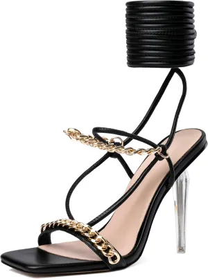 Zamikoo Women's High Heel Sandals, Ankle Strap Open Toe Heels, Square Toe Clear Stiletto Heeled Sandals 4 Inch
