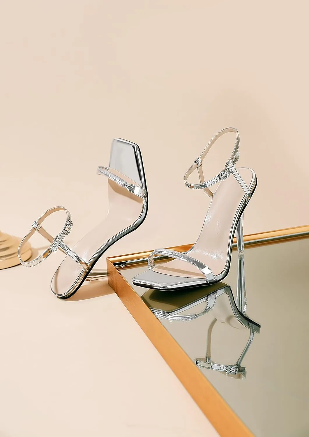 Zamikoo Women's High Heel Sandals, Ankle Strap Open Toe Heels, Square Toe Clear Stiletto Heeled Sandals 4 Inch