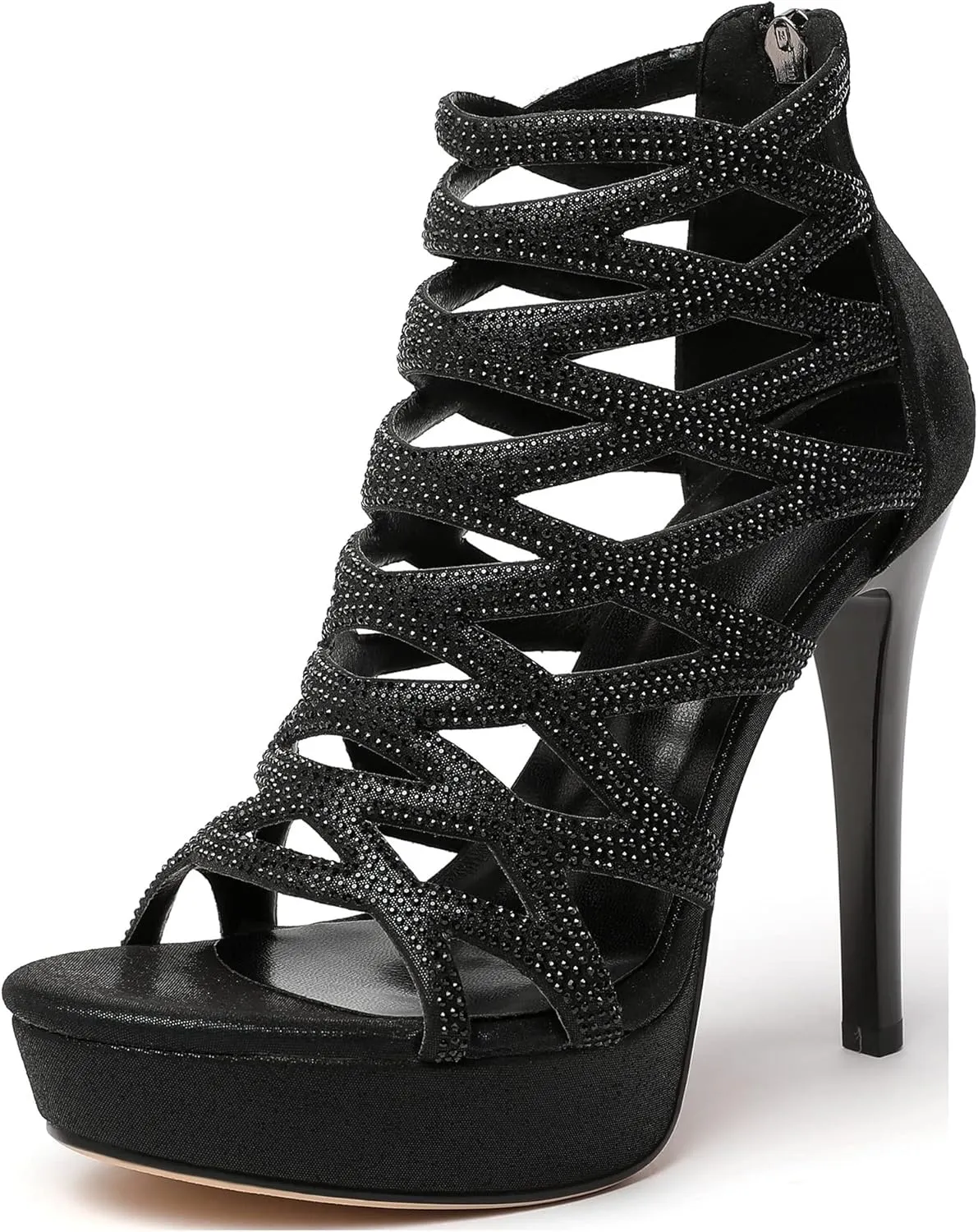 Zamikoo Women's High Heel Sandals Rhinestone, Cutout Gladiator Heels, Open Toe Stiletto Heel Platform Sandals, Sparkly Heels Pumps Shoes for Dress Party Evening Summer 5 Inch