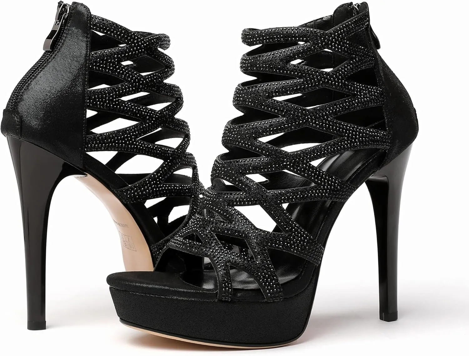 Zamikoo Women's High Heel Sandals Rhinestone, Cutout Gladiator Heels, Open Toe Stiletto Heel Platform Sandals, Sparkly Heels Pumps Shoes for Dress Party Evening Summer 5 Inch