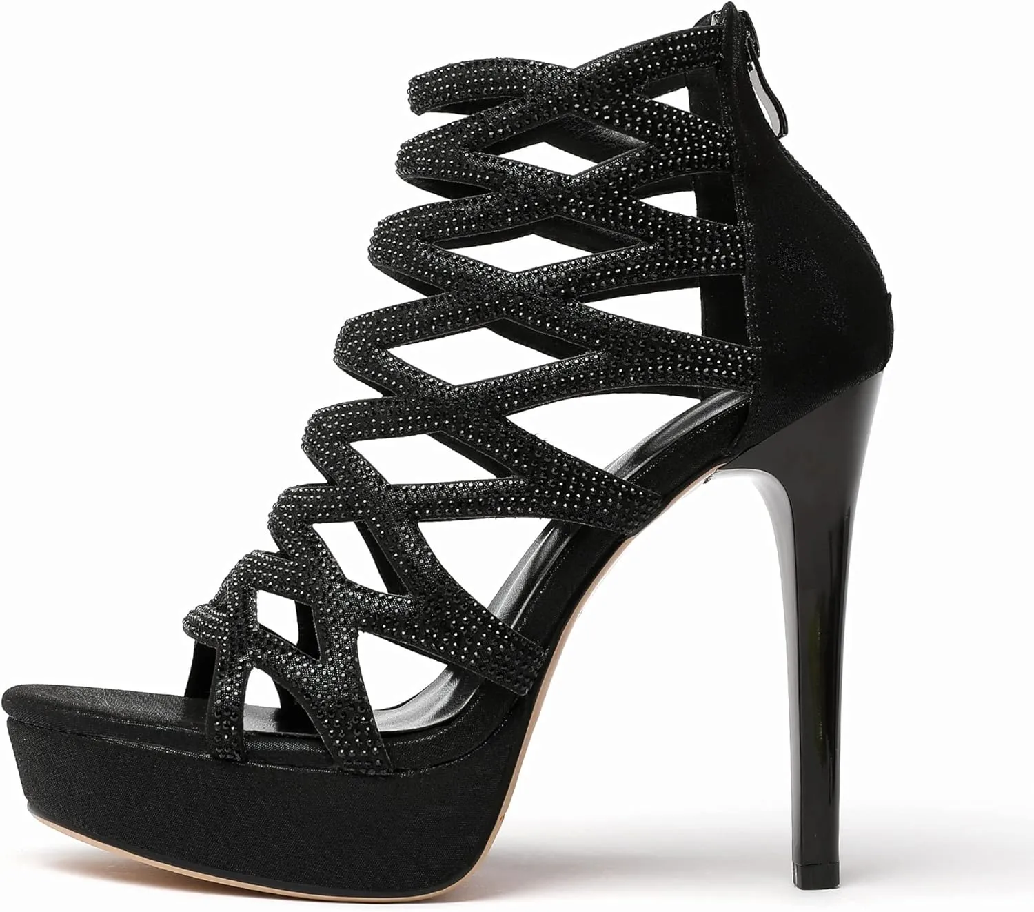 Zamikoo Women's High Heel Sandals Rhinestone, Cutout Gladiator Heels, Open Toe Stiletto Heel Platform Sandals, Sparkly Heels Pumps Shoes for Dress Party Evening Summer 5 Inch
