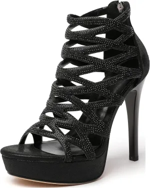 Zamikoo Women's High Heel Sandals Rhinestone, Cutout Gladiator Heels, Open Toe Stiletto Heel Platform Sandals, Sparkly Heels Pumps Shoes for Dress Party Evening Summer 5 Inch