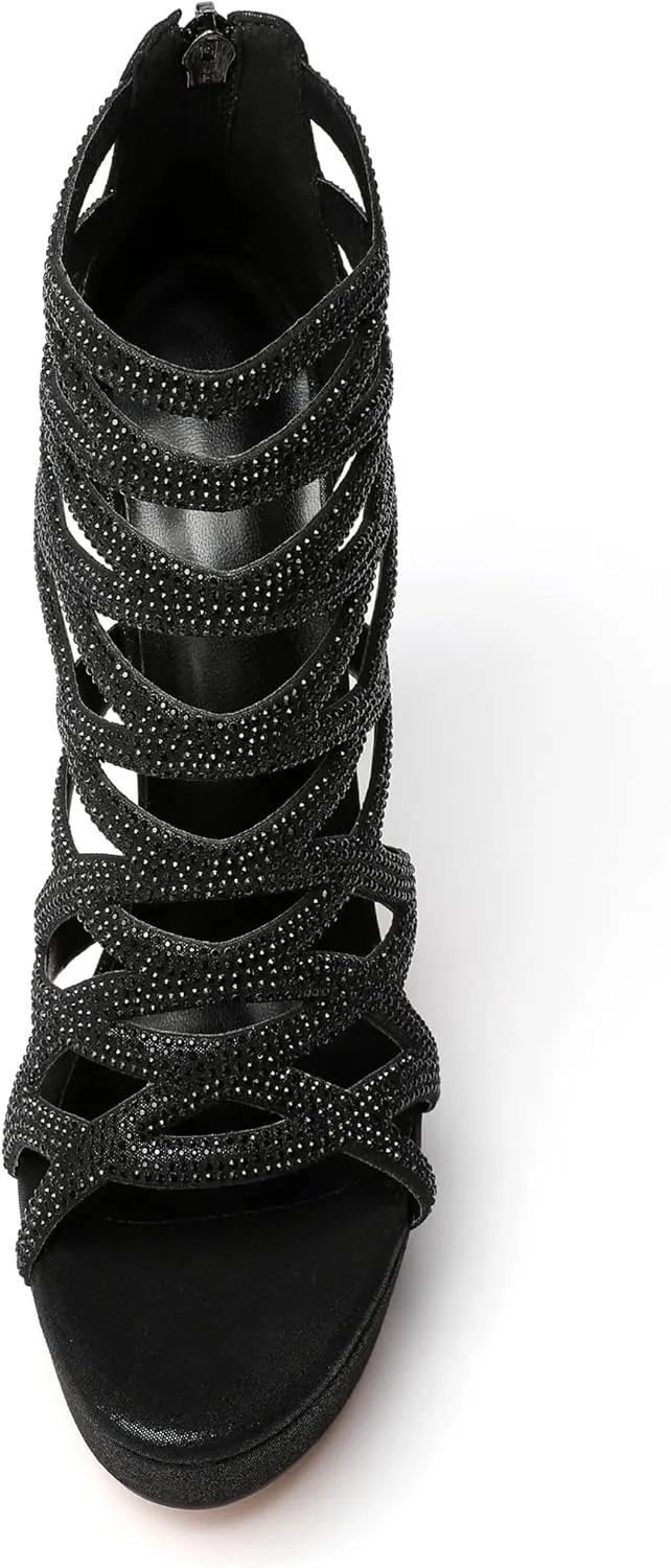 Zamikoo Women's High Heel Sandals Rhinestone, Cutout Gladiator Heels, Open Toe Stiletto Heel Platform Sandals, Sparkly Heels Pumps Shoes for Dress Party Evening Summer 5 Inch