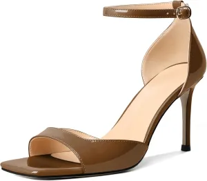 Zamikoo Women's High Heels, Open Toe Ankle Strap High Heeled Sandals, Square Toe Stiletto Heel Dress Pumps Shoes Office Wedding Work Evening 3.5 Inch