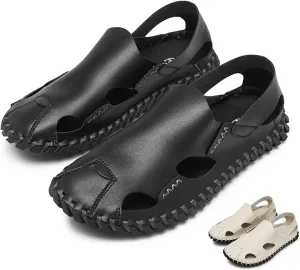 Zeberfi Men's Hollow Leather Closed Toe Flat Sandals Casual Outdoor Athletic Handmade Slip On Beach Shoes Summer Breathable Comfort Walking Sports Hiking Sandals