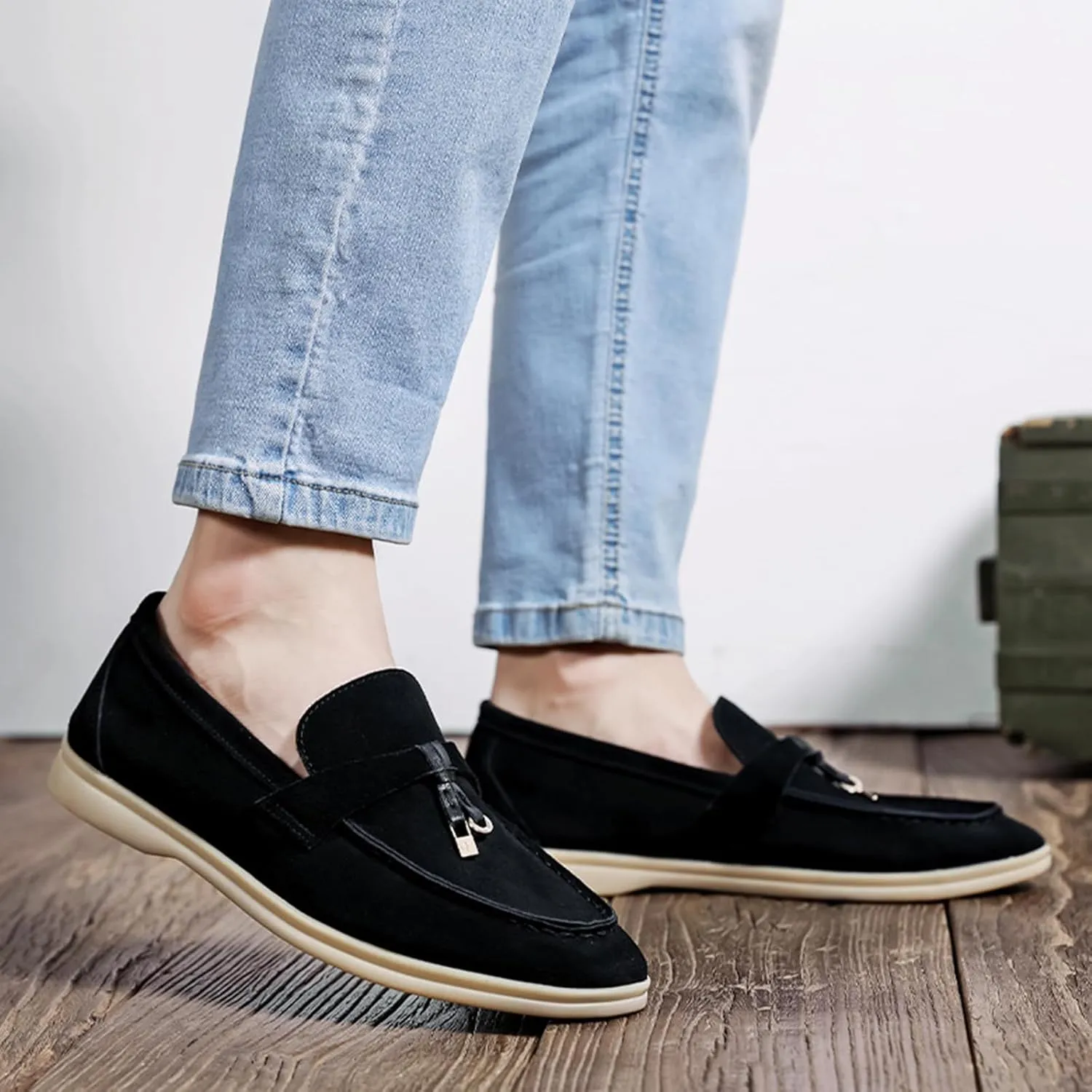Zeberfi Men's Luxury Suede Penny Loafers Shoes with Pendant Decor,British Retro Casual Slip On Flats Tuxedo Dress Shoes for Prom Wedding