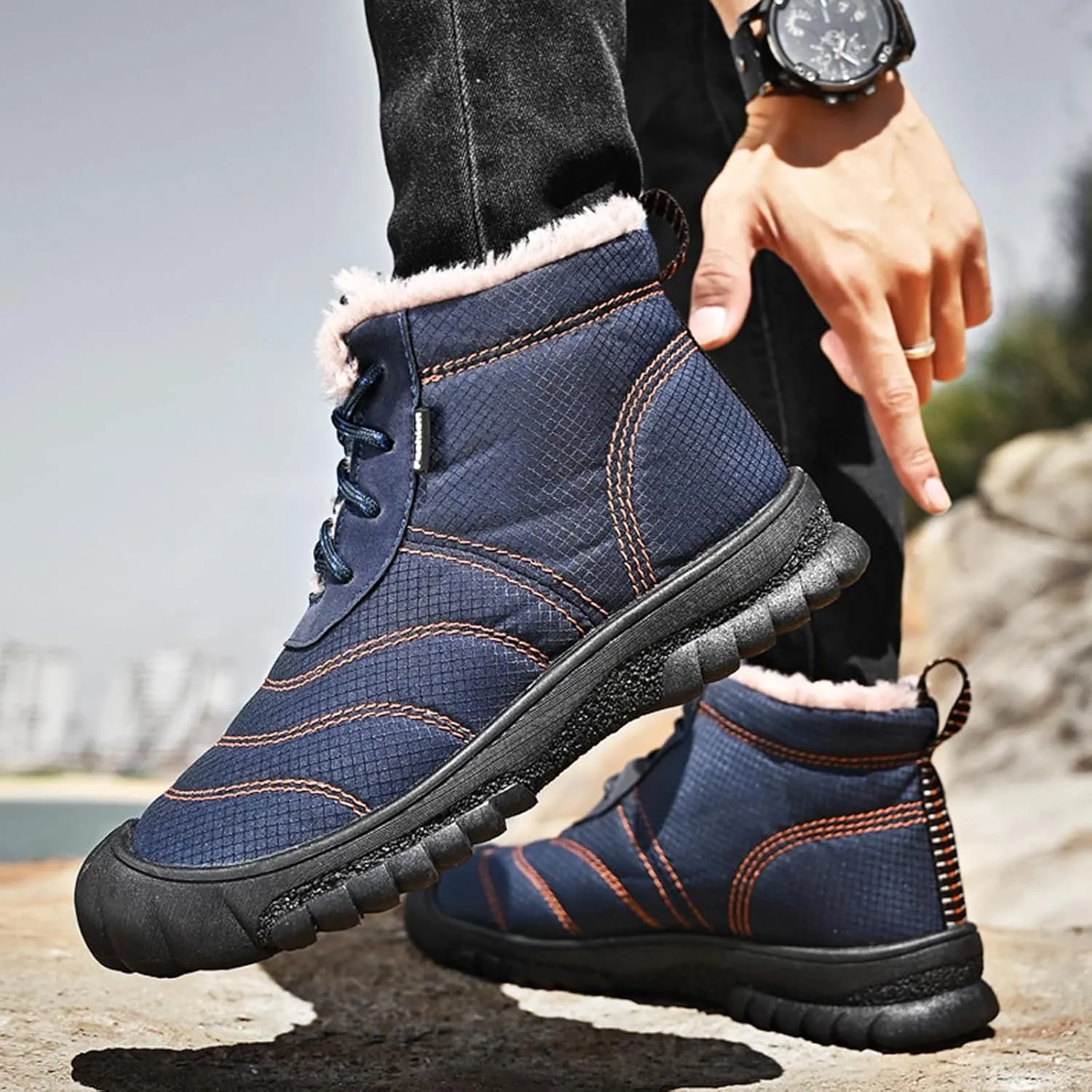 Zeberfi Men's Warm Fur Lined Snow Boots Winter Casual Trekking Anti-Slip Waterproof Backpacking Boots Lightweight Outdoor Hiking Canvas Ankle Boot