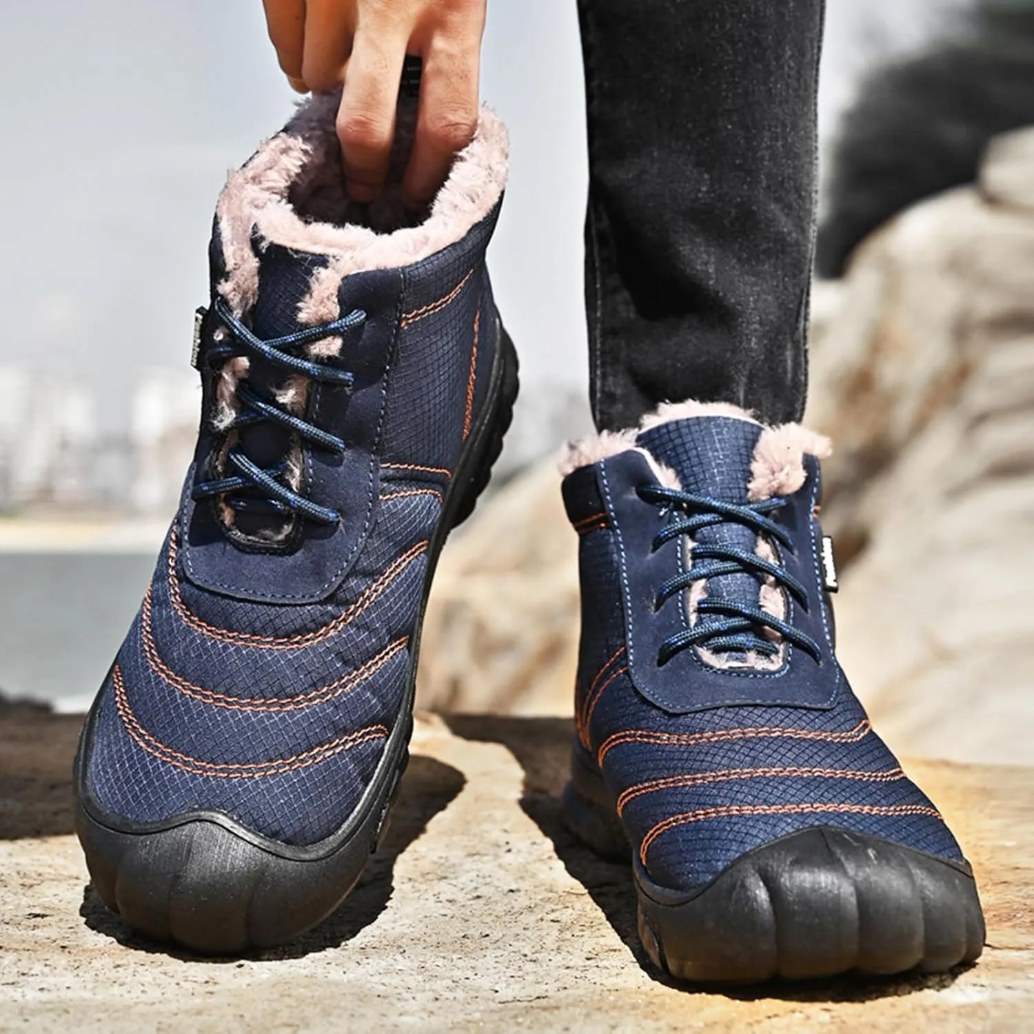 Zeberfi Men's Warm Fur Lined Snow Boots Winter Casual Trekking Anti-Slip Waterproof Backpacking Boots Lightweight Outdoor Hiking Canvas Ankle Boot